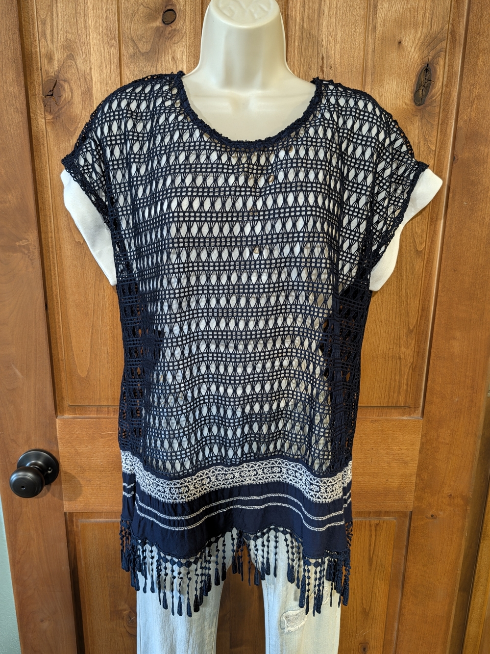 Maurices Navy Crochet Fringe Boho Tunic Top Layering